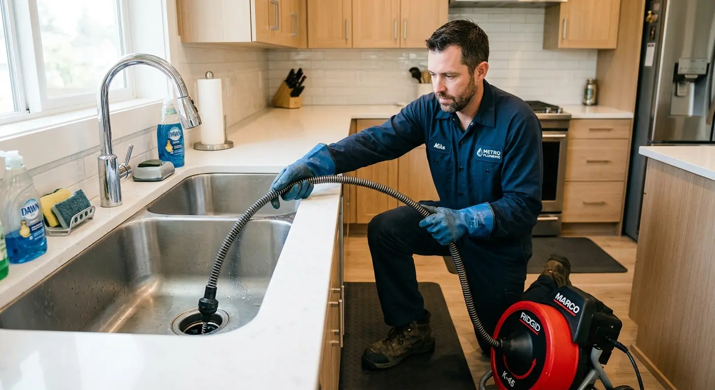 Drain cleaning technician using a motorized snake on a kitchen sink in Long Lake