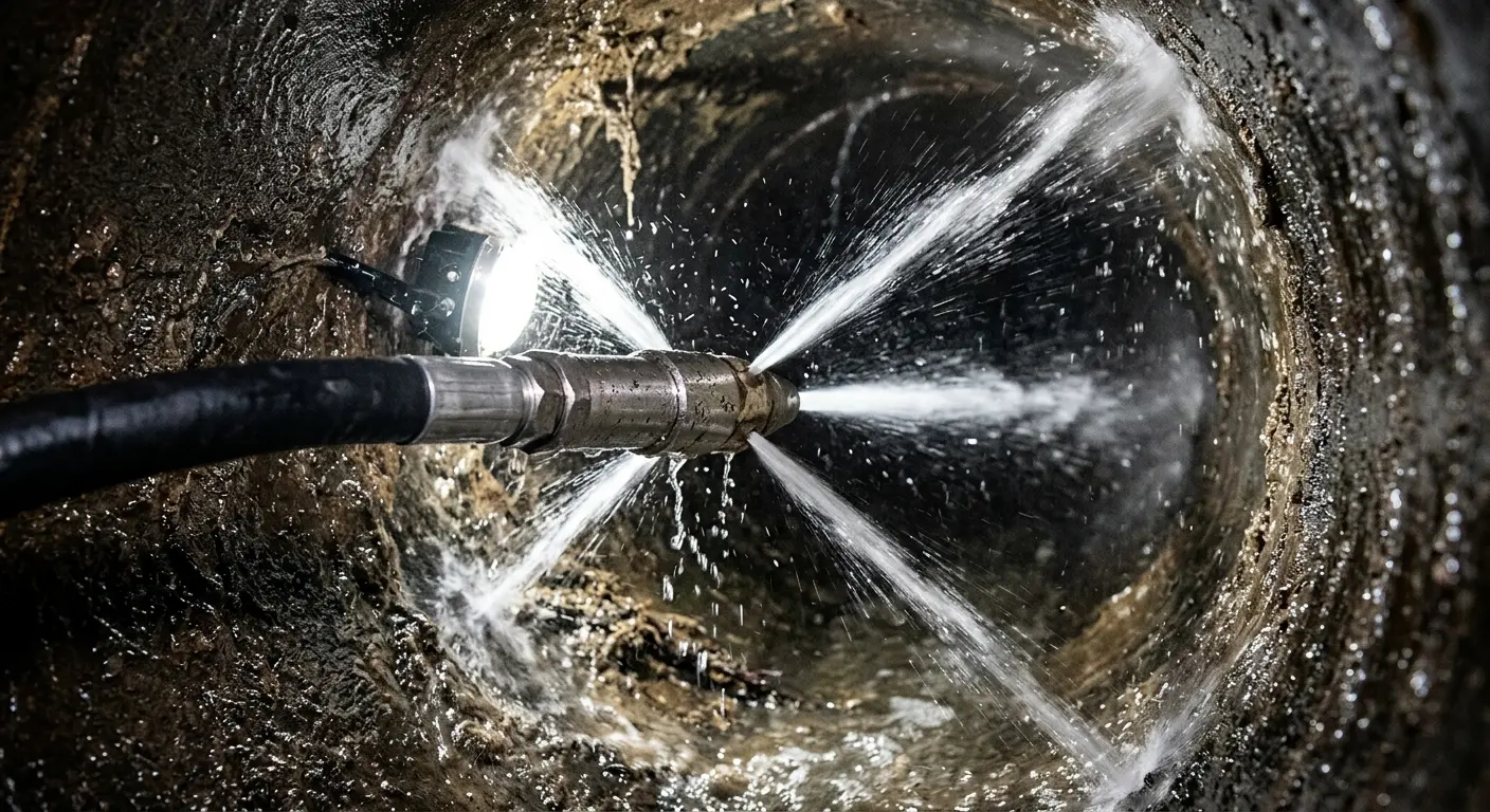High-pressure hydro jetting nozzle cleaning sewer pipe for Storm Drain Cleaning in Long Lake