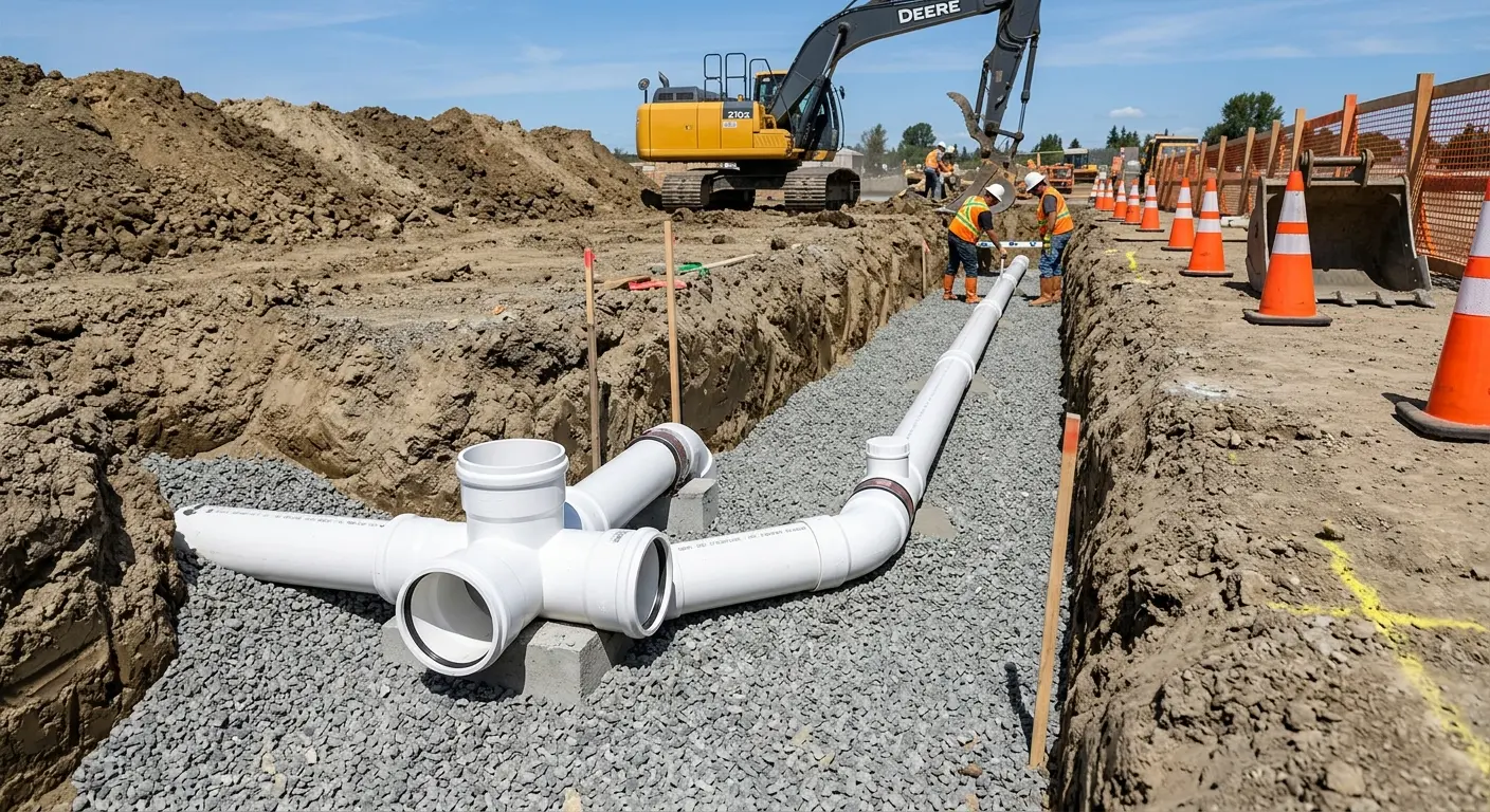 New PVC sewer pipe installation in open trench for Sewer Backup in Long Lake