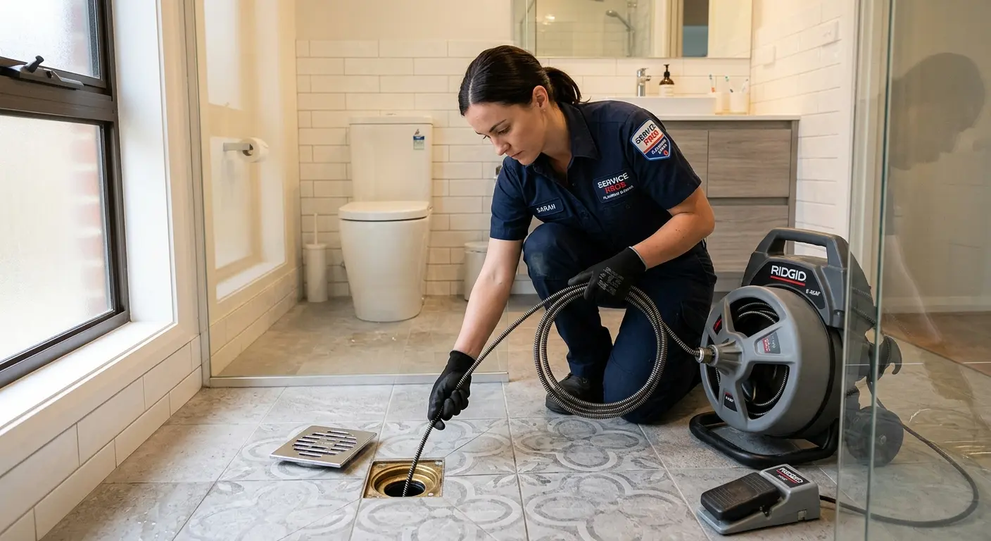Technician clearing a bathroom floor drain for Sewer Line Replacement in Long Lake